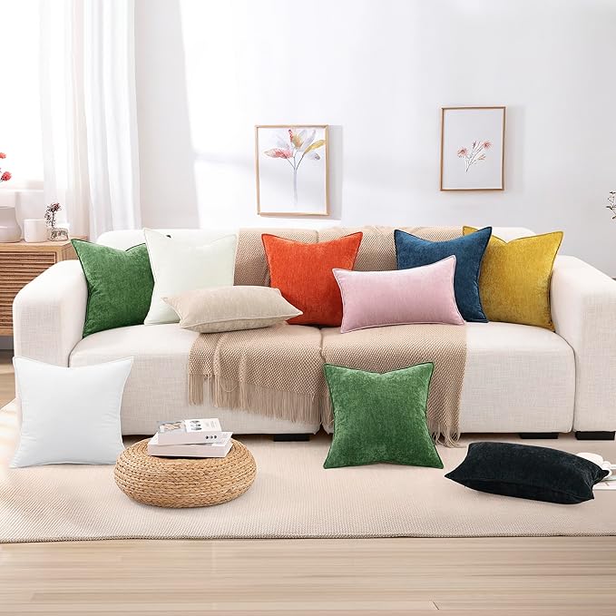 decorUhome Couch Throw Pillow Covers 26x26 Set of 2, Decorative Soft Euro Neutral Chenille Pillow Covers with Elegant Design for Sofa Bed Living Room Home Decor, Cream White