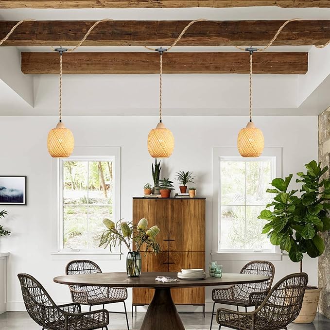3-Light Bamboo Plug in Pendant Light with Switch, Boho Hanging Lights, 15ft Hand Woven Cord, for Bedroom Kitchen Island Farmhouse, ETL Listed