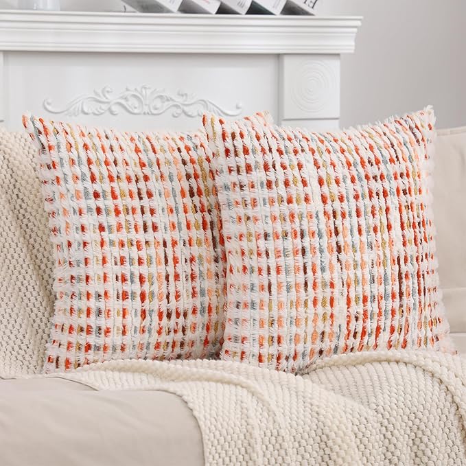 LUOYEHK Boho Throw Pillow Covers 20x20 Inch Set of 2 Chenille Tufted Pillowcase Farmhouse Neutral Cushion Covers for Couch Sofa Bed Living Room, Orange Red