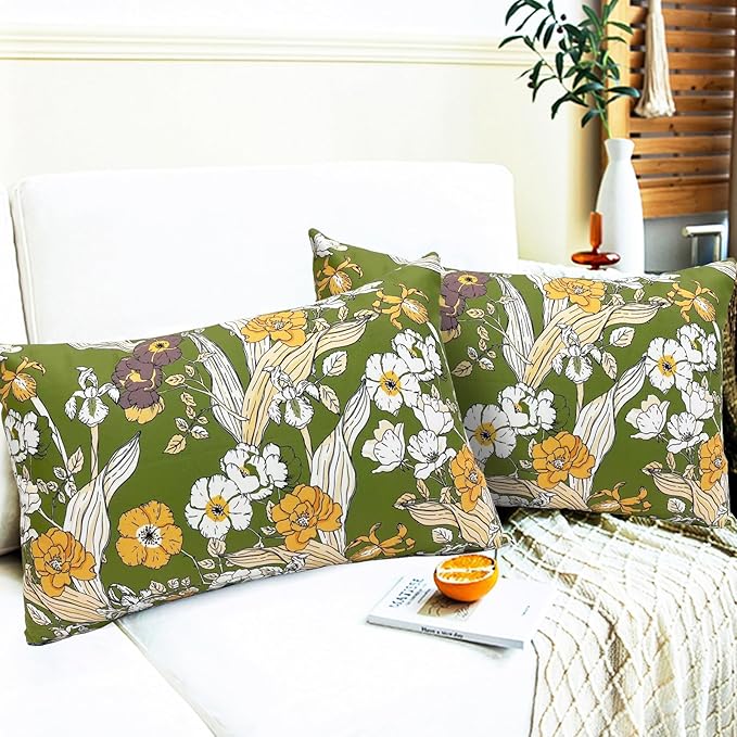 Decorative Throw Pillow Covers Set of 2 Green Pillow Covers 12x20 inch Soft Short Plush Square Freesia Floral Throw Pillows,Farmhouse Outdoor Pillow Covers for Couch Sofa Bed Living Room