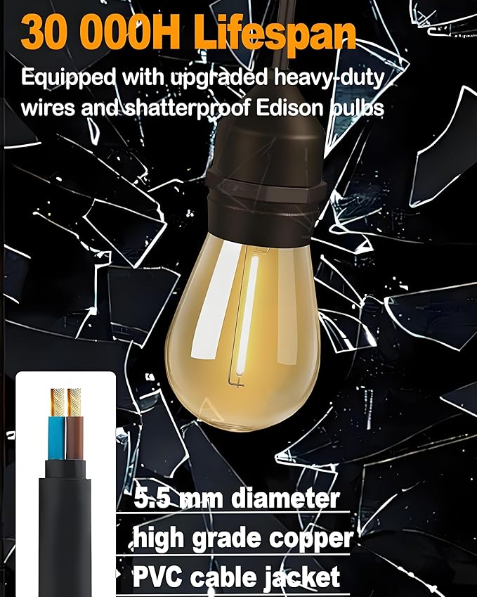 25FT Outdoor String Lights Waterproof, Patio Lights with 13 S14 Edison Bulbs, 120V LED Outside Lights for Porch, Balcony, Gazebo, Bistro, Garden, Backyard and Cafe Decor