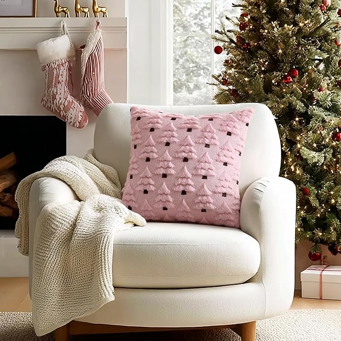 MIULEE Christmas Tree Decorative Pillow Covers Faux Fur Wool Throw Pillows Soft Plush Cushion Covers Set of 2 Xmas Home Decor Winter Holiday for Sofa Couch Livingroom Bed 18x18 Inch Pink