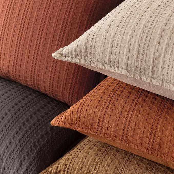 Foindtower Set of 2 Decorative Cotton Waffle Weave Throw Pillow Covers Euro Shams Cushion Covers Accent European Pillowcase for Bed Couch Sofa Bedroom Living Room Home Decor 22×22 Inch Burnt Orange