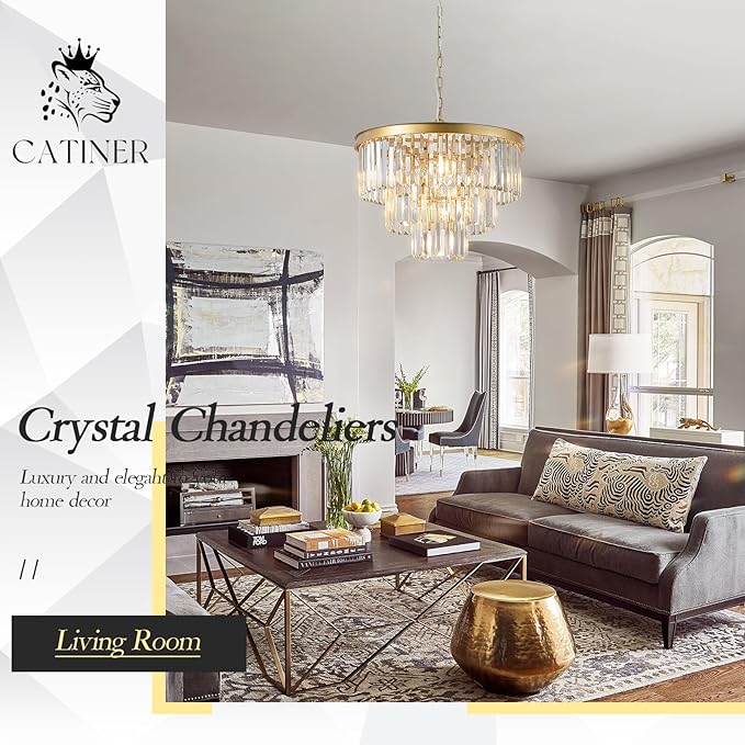 Modern Crystal Chandeliers,Gold 20” Round Chandeliers for Dining Room 3 Tiers 7 Lights Luxury K9 Crystal Ceiling Pendant Light Fixture for Foyer Bedroom Closet