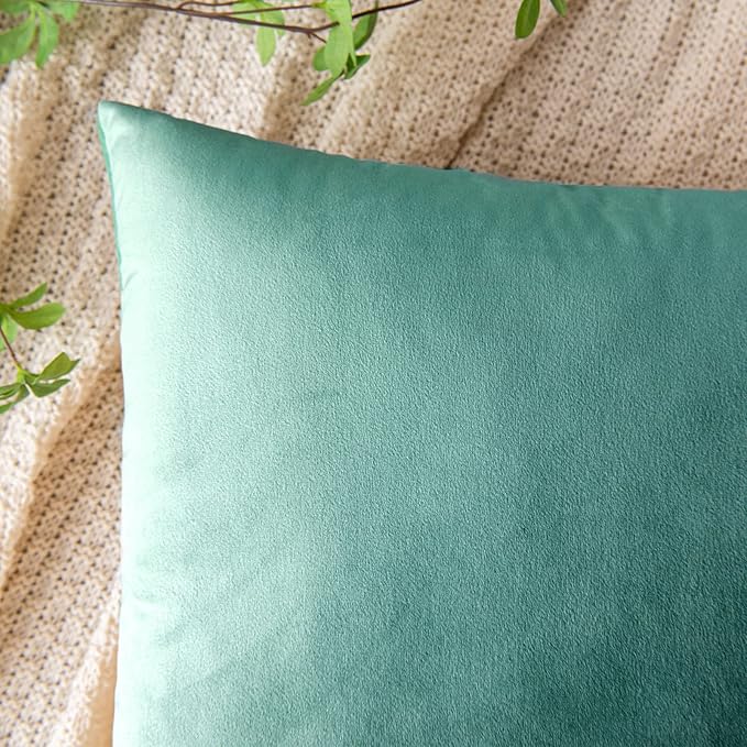 EMEMA Pack of 2 Velvet Throw Pillow Covers Decorative Square Pillowcase Soft Solid Cushion Case for Sofa Bedroom Chair Car 18x18 Inch Aqua Green
