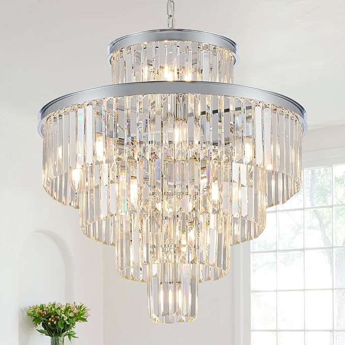 Modern Crystal Chrome Chandelier 15 Lights 24" Round Light Fixture Luxury 5-Tier K9 Crystals Chandelier Contemporary Pendant Lighting for Dinning Room Living Room Foyer Kitchen