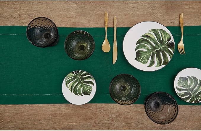 Solino Home Linen Rainforest Green Hemstitch Table Runner 36 Inches - 100% Pure Linen Small Table Runner 14 x 36 Inch Ideal for Dresser and Coffee Tables - Classic Hemstitch - Christmas, Thanksgiving