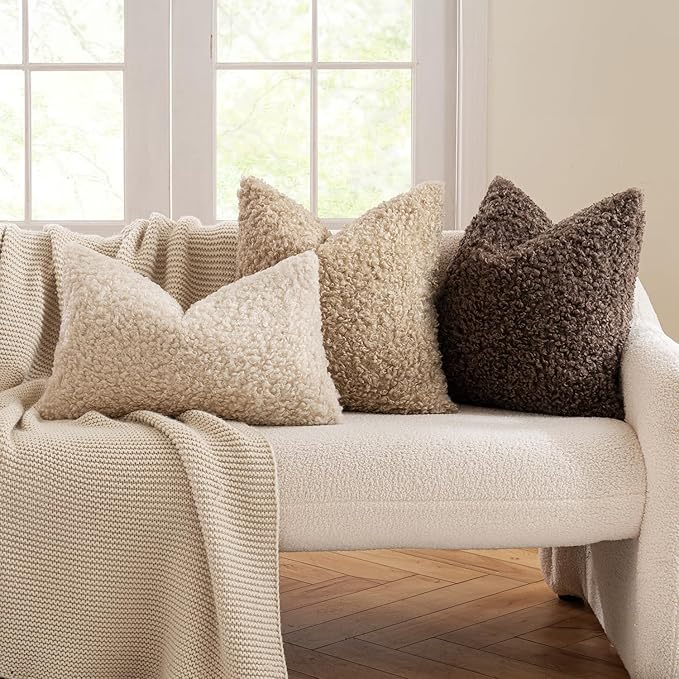 MIULEE Pack of 2 Faux Fur Throw Pillow Covers 20x20 Inch Neutral Light Beige Boucle Decorative Sherpa Pillow Covers Fuzzy Accent Soft Sheepskin Fleece for Boho Home Decor Couch Living Room Bed