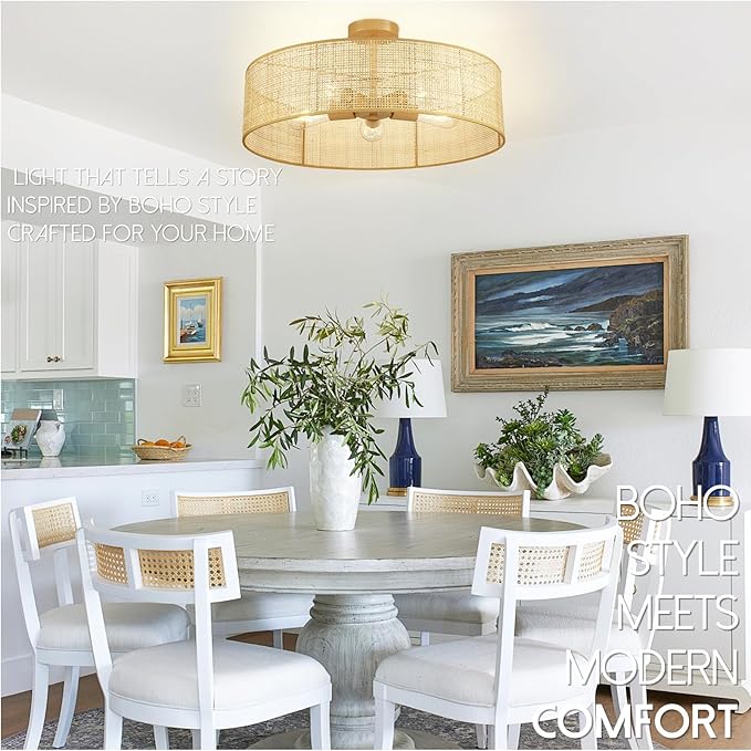Hamilyeah 24 inch Semi Flush Mount Ceiling Light Fixture with Woven Wicker Shade, Natural Boho Rattan Light Fixture Ceiling Mount for Bedroom, Living Room, Dining Room, Kitchen and Hallway