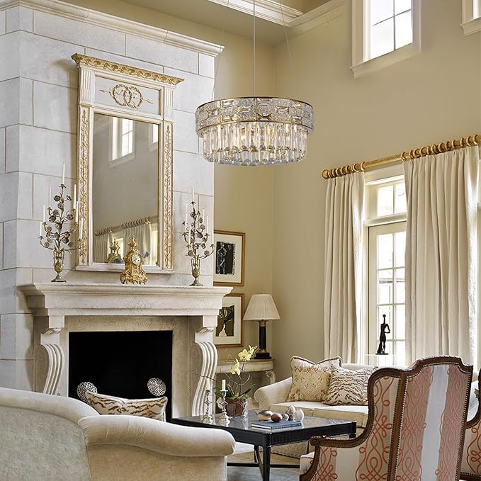 Crystal Chandelier, 16.5" 6-Light Small Chandelier for Living Room, Round Chandeliers for Bedroom Dimmable, Foyer Chandeliers for Entryway, Gold Ceiling Light Fixture Hanging Lights