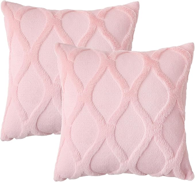 decorUhome Throw Pillow Covers 24x24 Inch Set of 2, Soft Plush Faux Fur Wool Light Pink Couch Pillow Covers, Decorative Neutral Pillow Cases for Bed Sofa Living Room Home Decor