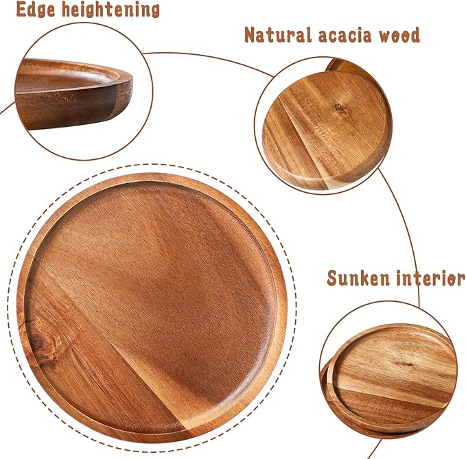 Wooden Acacia Plates of 4, 6Inch Round Wood Plates Acacia Wooden charcuterie boards Serving Tray for Dishes Snack Dessert