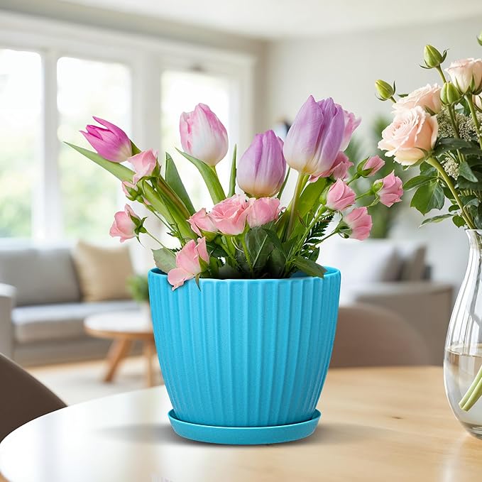 Multicolor 6-Inch Plant Pots with Drainage & Saucers 6 Pack, Indoor & Outdoor Planters for Houseplants, Herbs, and Flowers, Durable & Weatherproof Material, Stackable, Lightweight, Minimalist Design