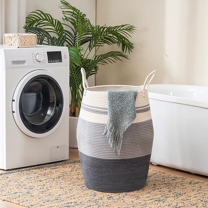 YOUDENOVA 105L Extra Large Woven Laundry Hamper Basket with Heavy Duty Cotton Rope Handles for Clothes and Toys in Bedroom, Nursery Room, Bathroom, Collapsible, Dark Grey