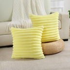 FUTEI Yellow Striped Decorative Throw Pillow Covers 24x24 Inch Set of 2,Square Winter Decorations Couch Euro Pillow Case,Soft Cozy Faux Rabbit Fur & Velvet Back,Modern Home Decor for Bed