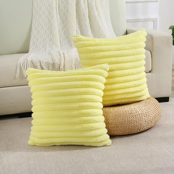 FUTEI Yellow Striped Decorative Throw Pillow Covers 16x16 Inch Set of 2,Square Winter Decorations Couch Pillow Case,Soft Cozy Faux Rabbit Fur & Velvet Back,Modern Home Decor for Bed