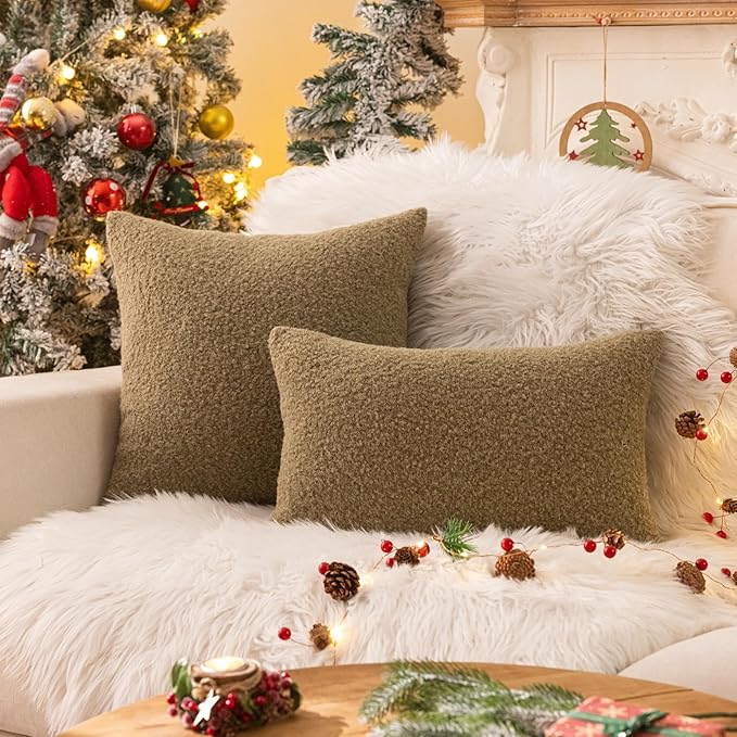 AQOTHES Sage Green Winter Throw Pillow Covers 12x20 Inch Set of 2, Boucle Faux Fur Pillow Covers,Cozy Fluffy Home Living Room Farmhouse Decor for Sofa Couch Bed