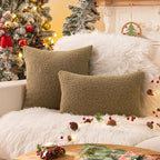 AQOTHES Sage Green Winter Throw Pillow Covers 12x20 Inch Set of 2, Boucle Faux Fur Pillow Covers,Cozy Fluffy Home Living Room Farmhouse Decor for Sofa Couch Bed