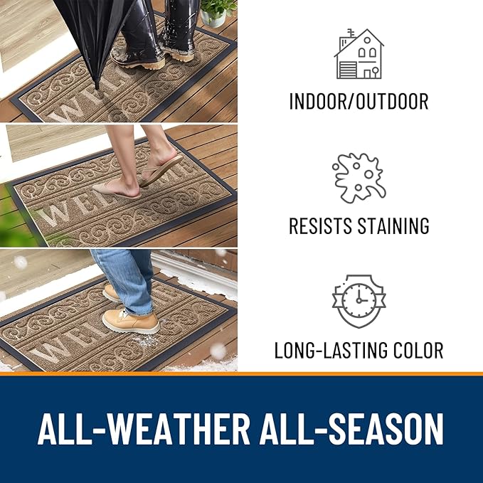 OLANLY Welcome Door Mat Indoor Outdoor Entrance, Heavy Duty Sturdy Front Door Mat, Waterproof All-Weather Doormat, Stain Resistant, Low Profile, Easy Clean Patio Entryway Mat, 29.5 x 17, Light Brown