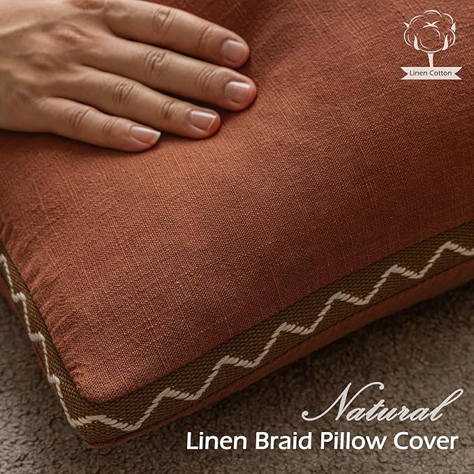 Decorative Neutral Linen Throw Pillow Covers 18x18 Inch Set of 2, Burnt Orange Boho Farmhouse Pillow Covers with Braid Fringe for Sofa Bed Modern Couch Pillow Cases for Organic Home Decor