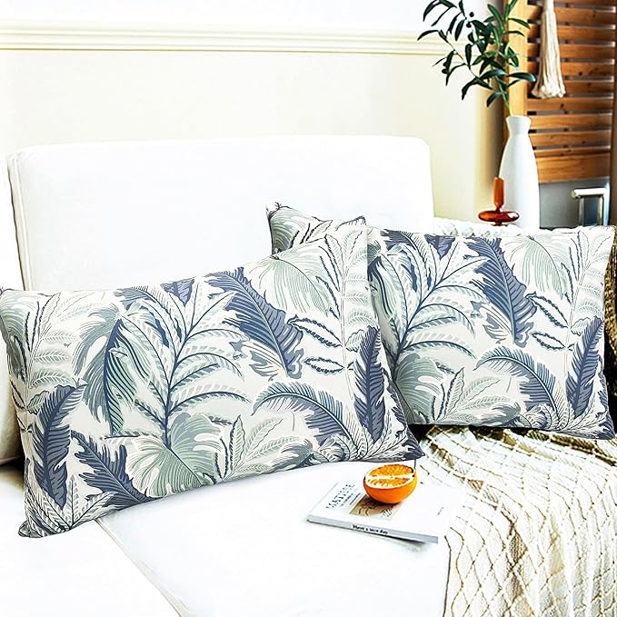Decorative Throw Pillow Covers Set of 2 Blue Green Large Leaves Pillow Covers 12x20 inch Soft Short Plush Square Floral Throw Pillows,Farmhouse Outdoor Pillow Covers for Couch Living Room