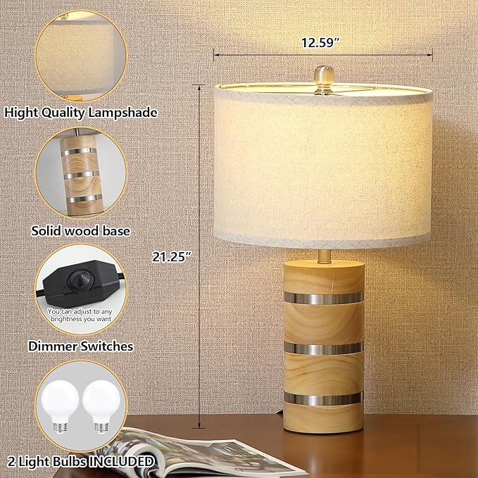 Retro Table Lamp,Farmhouse Nightstand Lamp,Rustic Wood Bedside Lamps,Desk Lamp for Bedroom Living Room Patio Hallway Hotel,UL Listed,Bulbs Included,Set of 2