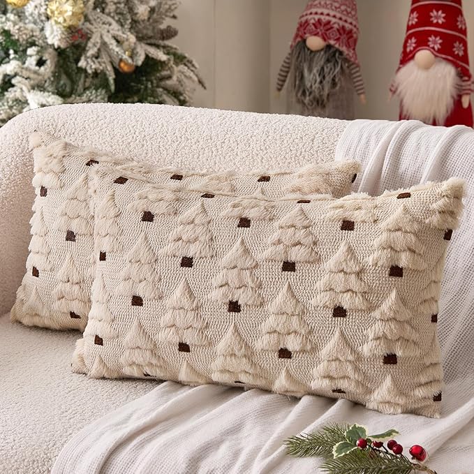 MIULEE Christmas Tree Decorative Pillow Covers Faux Fur Wool Throw Pillows Soft Plush Cushion Covers Set of 2 Xmas Home Decor Winter Holiday for Sofa Couch Livingroom Bed 12x20 Inch Beige