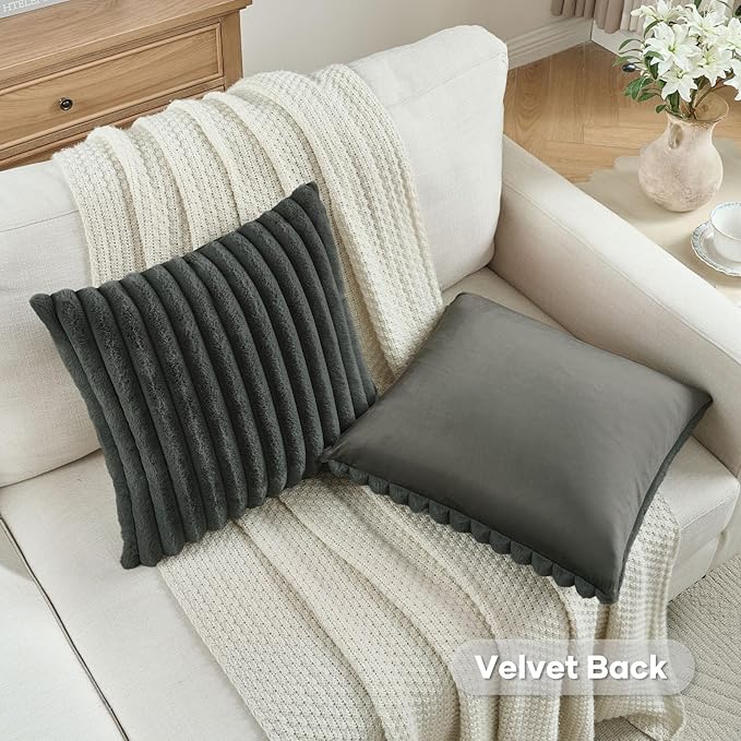 FUTEI Dark Grey Striped Decorative Throw Pillow Covers 20x20 Inch Set of 2,Square Winter Decorations Couch Pillow Case,Soft Cozy Faux Rabbit Fur & Velvet Back,Modern Home Decor for Bed