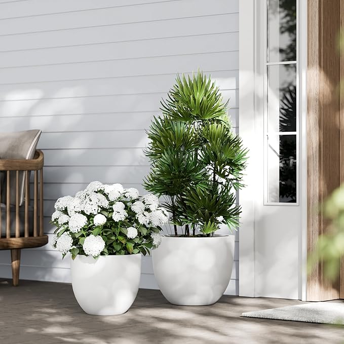 DTY Signature Mount Belford Lightweight and Durable Modern Fiberstone Egg Shaped Planter for Indoor/Outdoor Drainage Hole & Rubber Plug Weather Resistant 12" H x 15" Dia, 12.8" Opening - Medium, White