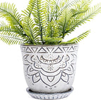 VanEnjoy 5.9 inch Round Bohemian Style Ceramic Planter, Geometry Engrave Off White Brown Succulent Planter Flower Pot, Indoor Outdoor Decorative Planter