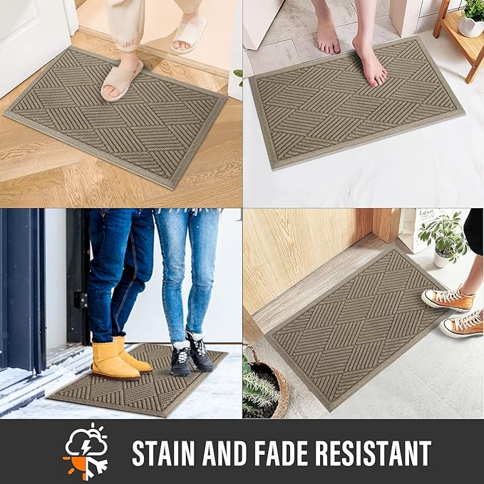Sturdy Front Door Mat, Absorbent Muddy Dirt Resist Welcome Door Mats Outdoor Indoor, Stain and Fade Resistant, Non-Slip Rubber Backing Low Profile Doormat for Entryway, 30×17, Beige