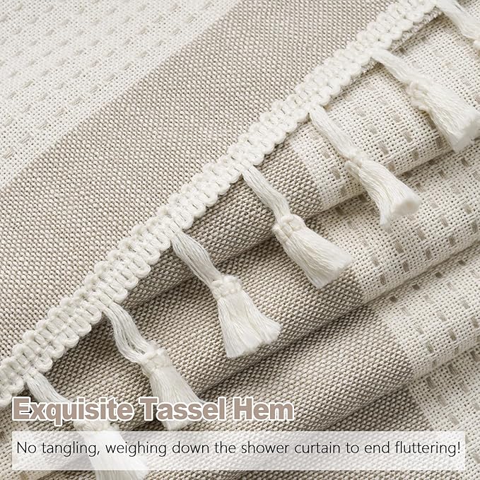Boho Farmhouse Beige Heavyweight Shower Curtain with Tassels, 350GSM Cotton Linen Natural Fabric Shower Curtain Water Repellent, 72x72 Inch Khaki Tan Striped Country Bathroom Shower Curtains
