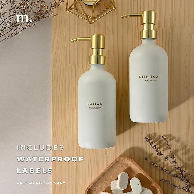 MaisoNovo Soap Dispenser 1-Piece Set | 16.9oz White Bottles with Gold Stainless Steel Pump
