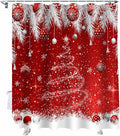 Christmas Tree Shower Curtain, Christmas Balls Shower Curtains Set with Hooks, Snowflake Silver Pine Tree Branch Red Waterproof Bathroom Curtains Holiday Decor Accessories,72x 96 Inch Extra Long