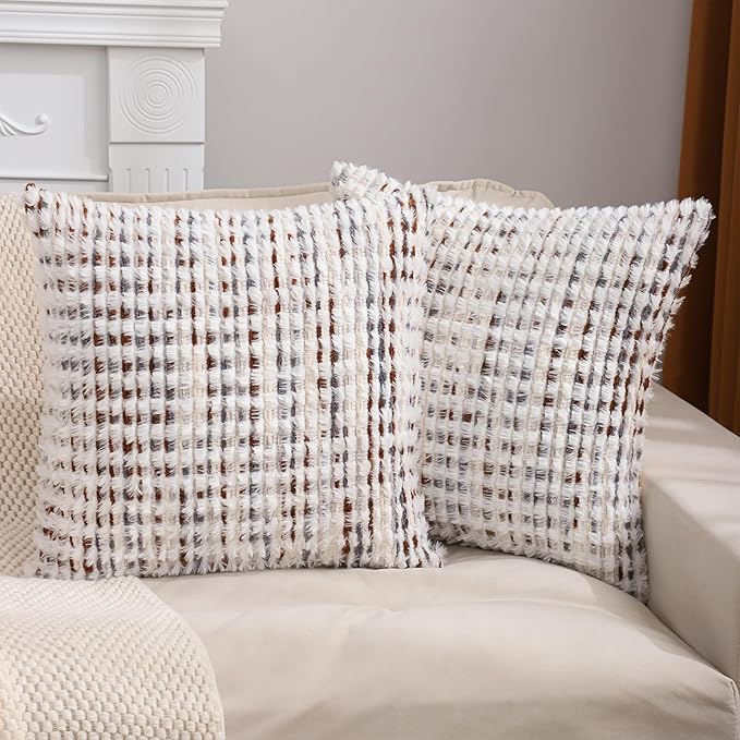 LUOYEHK Boho Throw Pillow Covers 20x20 Inch Set of 2 Farmhouse Neutral Pillow Covers Chenille Tufted Pillowcase for Couch Sofa Bed Living Room, Brown White