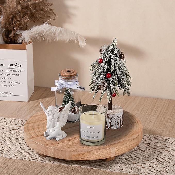 Round Decorative Tray Farmhouse Bathroom Decor Wood Riser Kitchen Countertop Organizer for Perfume, Candle, Plant, 11 inch Burlywood