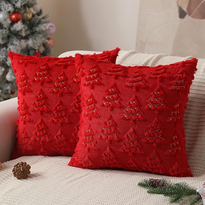 Christmas Pillow Covers 18x18 inch Set of 2 Soft Plush Faux Fur Christmas Decor Red Xmax Tree Yellow Colored Lights Decoration Throw Pillow Case for Winter Holiday Sofa Living Room PT003B18