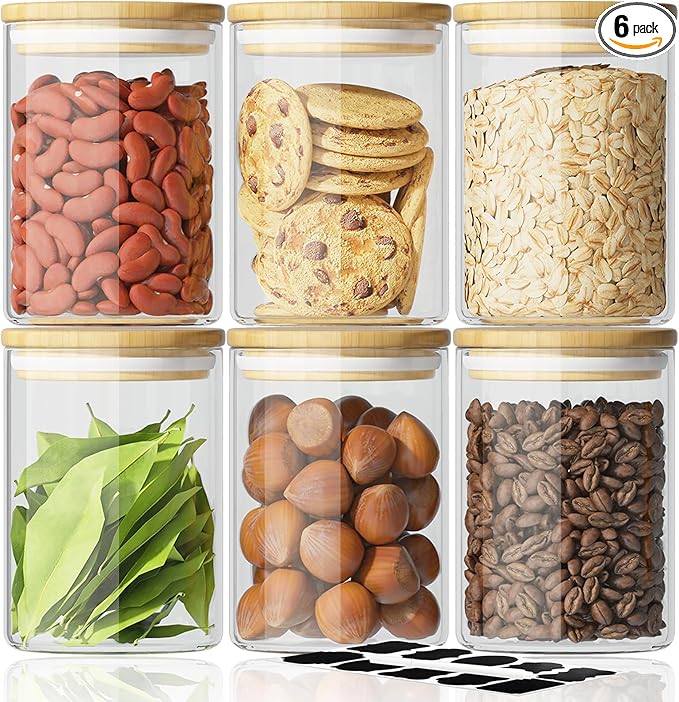 6 Piece Glass Storage Jars Set with Airtight Bamboo Lids and Labels,18.6oz/550ml Glass Spice Jars Food Storage Containers for Home Kitchen,Pantry, Tea, Sugar, Salt, Coffee, Flour, Herbs, Grains