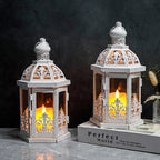 TRIROCKS Set of 2 Vintage Decorative Lanterns 9.5" H Hanging Lantern Metal Candleholder with Tempered Glass for Indoor Outdoor Home Decor Parties Garden Events Wedding(White with Grey Brush)