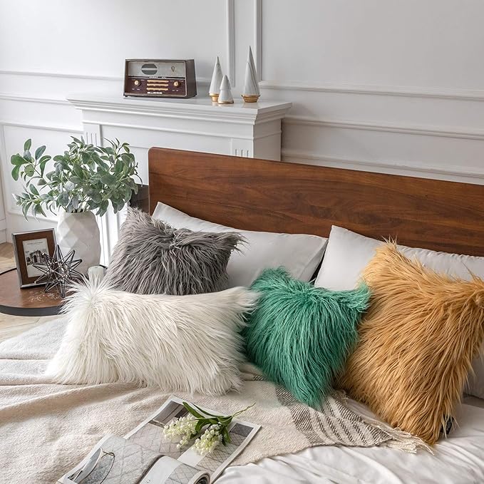 Phantoscope Pack of 2 Faux Fur Solid Throw Decorative Pillow Cover Cushion Covers Luxury Soft Decorative Pillowcase Fuzzy Pillow Covers for Bed/Couch,Gray 22 x 22 Inches