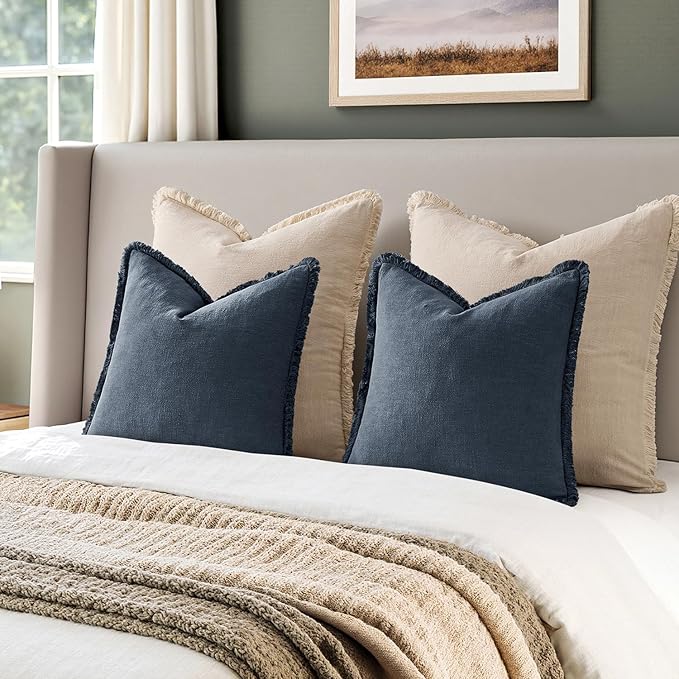 EMEMA Linen Fringe Throw Pillow Covers Set of 2 Boho Farmhouse Accent Decorative Pillowcase with Tassels for Couch Sofa Bed Living Room Home Decor 26x26 Inch,Indigo Blue