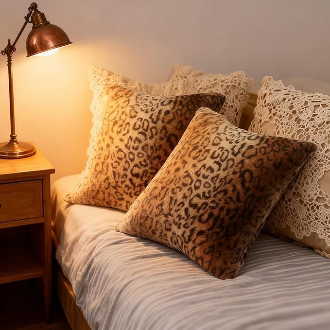 Faux Fur Throw Pillows, Set of 2 Decorative Square Couch Pillow Covers, 20x20 Leopard Cheetah Print Luxury Soft Plush Pillowcase for Sofa, Bed & Living Room Decor, Brown Gold
