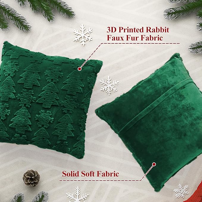 Christmas Pillow Covers 18x18, Soft Faux Rabbit Fur Throw Pillow Covers with 3D Embroidery Christmas Tree and Snowflake Design for Winter Holiday Home Decor, Couch Sofa Bedroom, Green