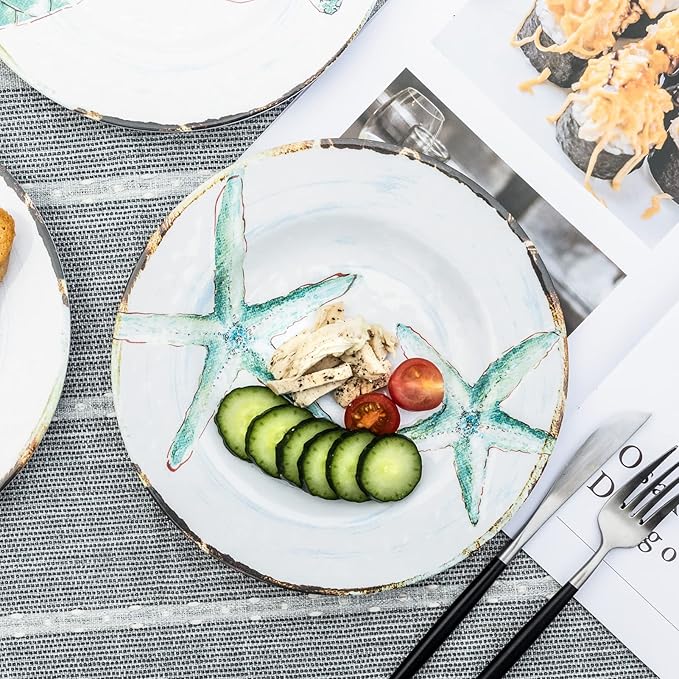 Melamine Salad Plates Set of 4, Salad/Dessert Plate for Outdoor/Indoor Use, Shatterproof, BPA Free, Dishwasher Safe Small Dinner Plates, Marine Life