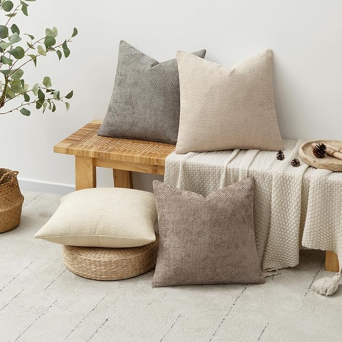 MIULEE Pack of 4 Christmas Couch Throw Pillow Covers 20x20 Inch Neutral Beige/Brown Soft Decorative Chenille Pillow Covers Farmhouse Accent Cushion Covers for Boho Home Decor Sofa Bedroom Living Room