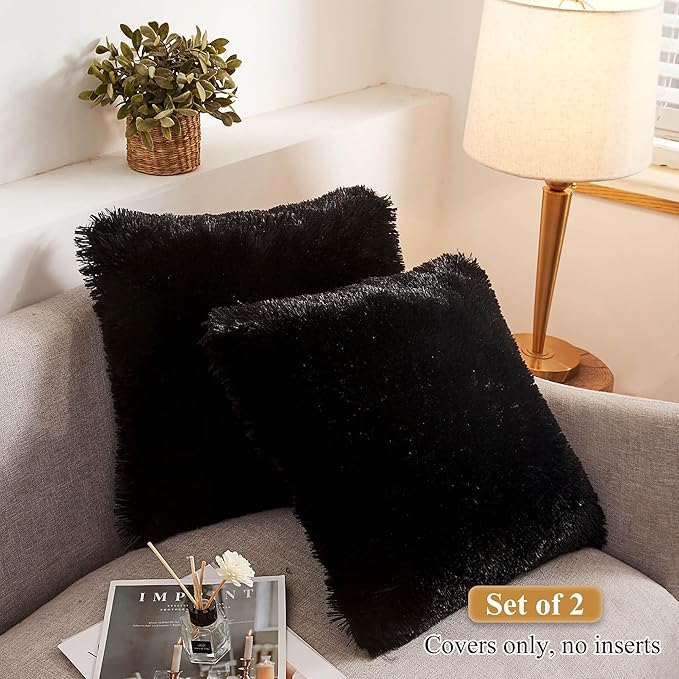XeGe Faux Fur Throw Pillow Covers, Shaggy Fluffy Cushion Covers, Plush Furry Pillow Cases, Fuzzy Decorative Pillow Shams with Zipper Set of 2 for Sofa Bed Couch Living Room (18''x18'', Black)