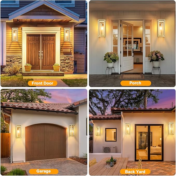 15" Large Gold Outdoor Light Fixture Wall Mount, Waterproof Outdoor Sconces, Modern Wall Lights with Clear Glass Shade for Front Door, Porch, Garage, 1 Pack