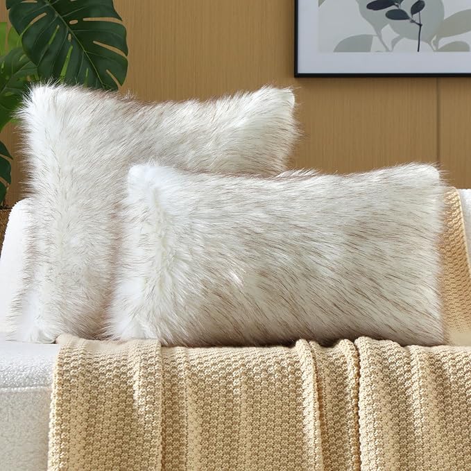 FUTEI Coffee White Decorative Throw Pillow Covers 26x26 Inch Set of 2,Soft Fluffy Faux Fox Fur Textured Euro Pillow Shams,Modern Home Decor for Couch Living Room