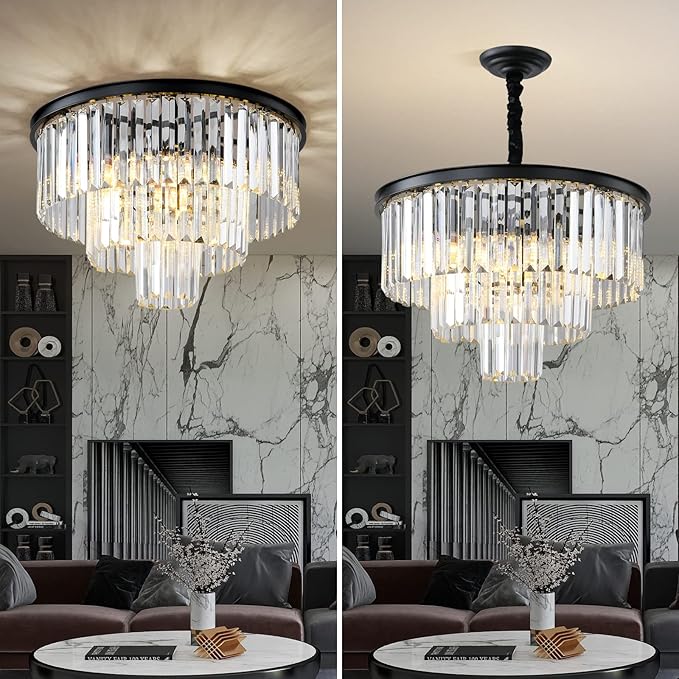 Black Modern Crystal Chandelier, 3-Tier Round Flush Mount Ceiling Light Fixtures Height Adjustable Pendant Lighting for Dining Room Living Room Bedroom Kitchen Hotel Foyer