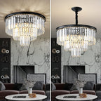 Black Modern Crystal Chandelier, 3-Tier Round Flush Mount Ceiling Light Fixtures Height Adjustable Pendant Lighting for Dining Room Living Room Bedroom Kitchen Hotel Foyer